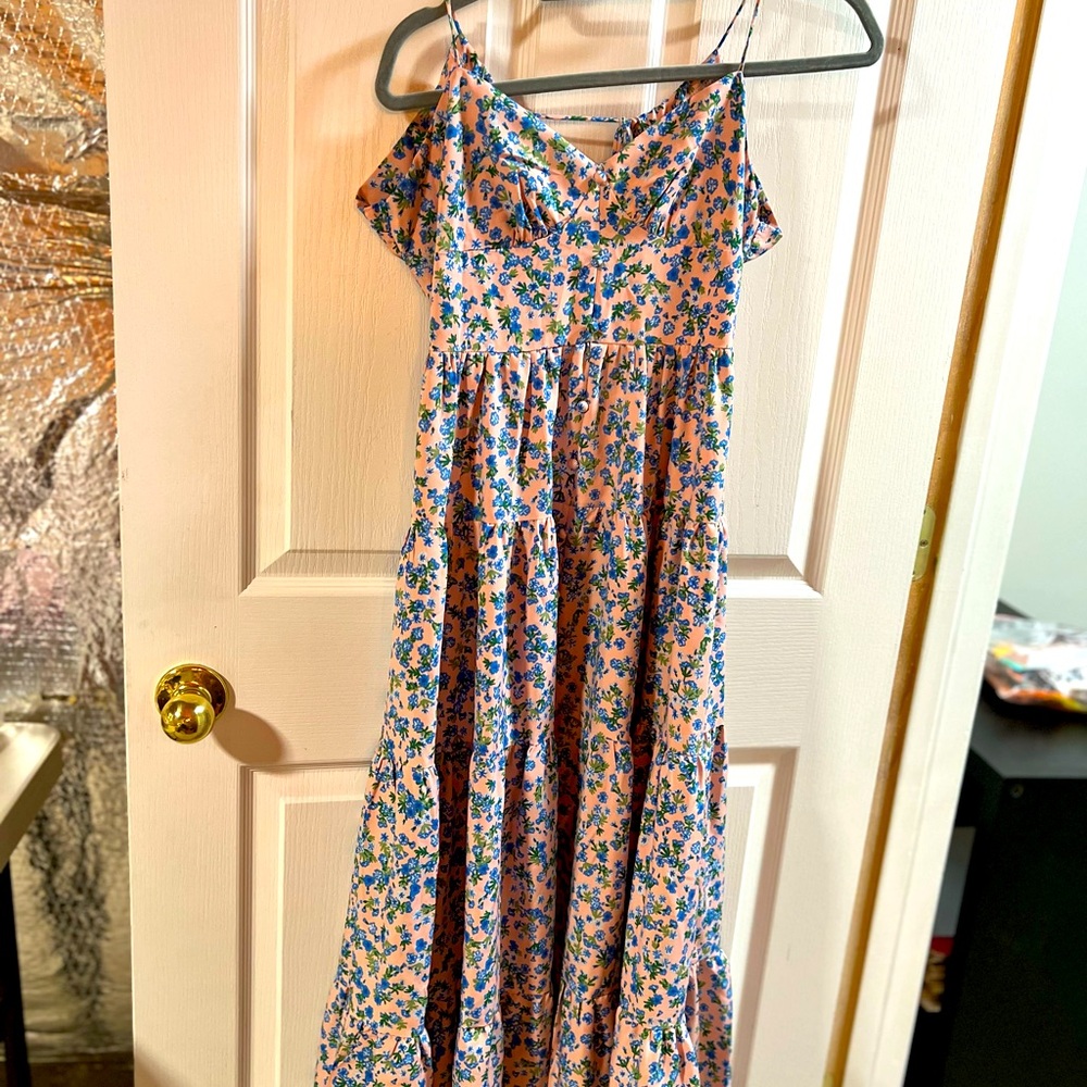 Floral Spaghetti Strap Maxi Dress 4 tier waist down fabric covered buttons front